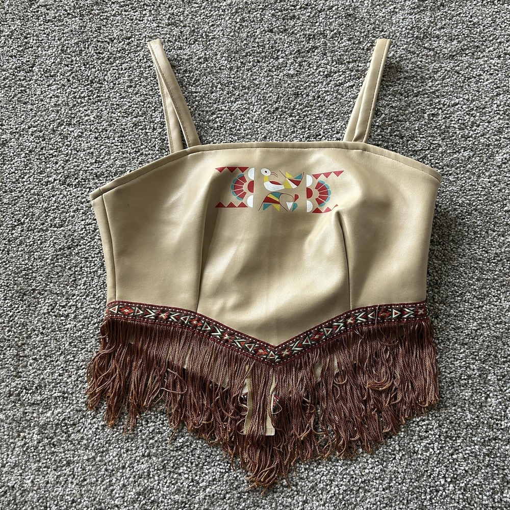 Charades Tank Top Womens S Beige Faux Leather Fringe Cropped Indian Princess